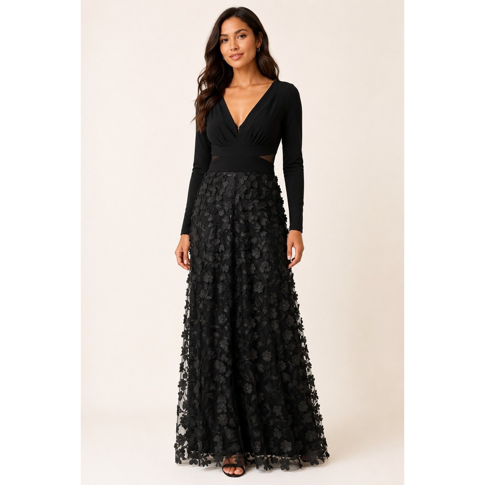 Black Long Sleeve V-Neck 3D Floral Applique Dress 8 Witch Gothbabe Dark Feminine